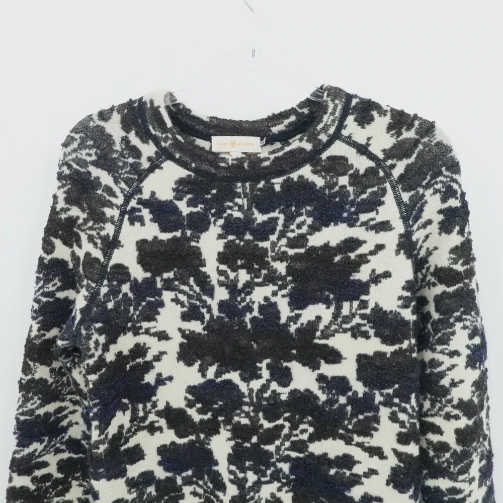 Tory‎ Burch Sweater Womens XS Ivory Floral Jacquard Wool Mohair Blend Fuzzy Cozy